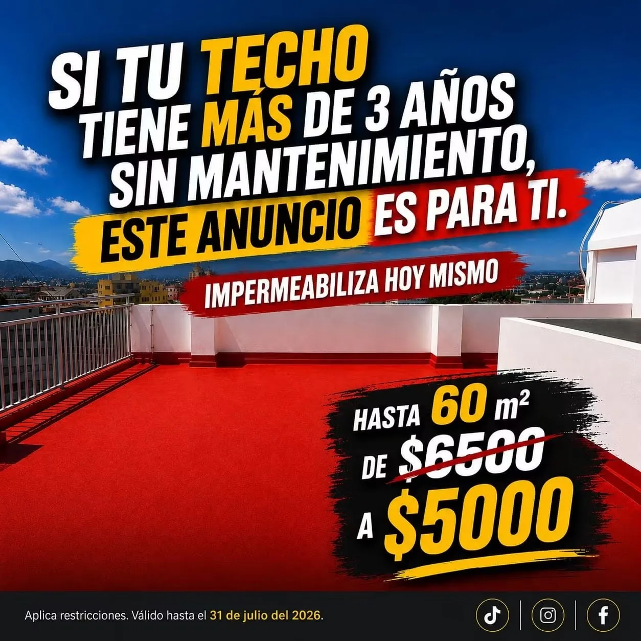 Azotea amplia con impermeabilizante rojo